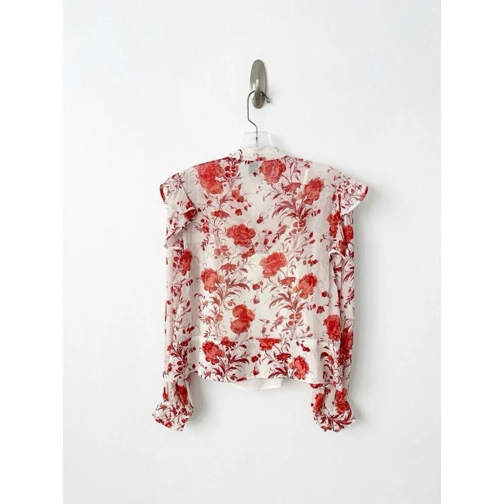 NWT Anthropologie Maeve Long-Sleeve Ruffled Sheer Blouse Top XXS Pink Floral